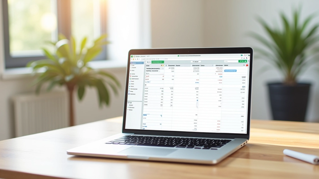 Ordinateur portable sur bureau montrant une feuille de calcul avec colonnes de revenus et dépenses, lumière naturelle du jour