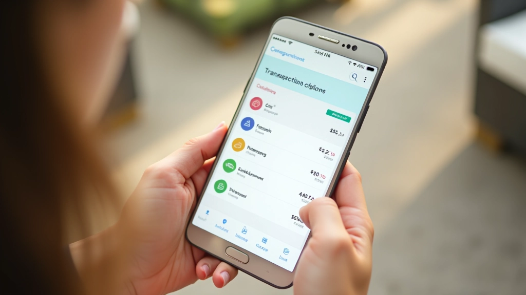 Écran d'application budgétaire affichant des transactions catégorisées avec des icônes de couleurs différentes