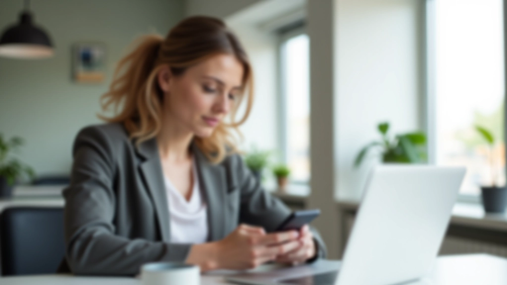 Femme consultant une application de budgétisation sur smartphone dans un environnement de travail moderne
