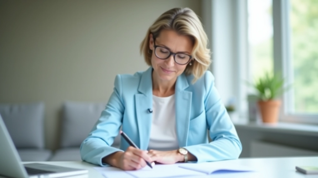 Véronique Marchand travaillant à son bureau avec ordinateur portable et documents de gestion budgétaire, environnement moderne de travail